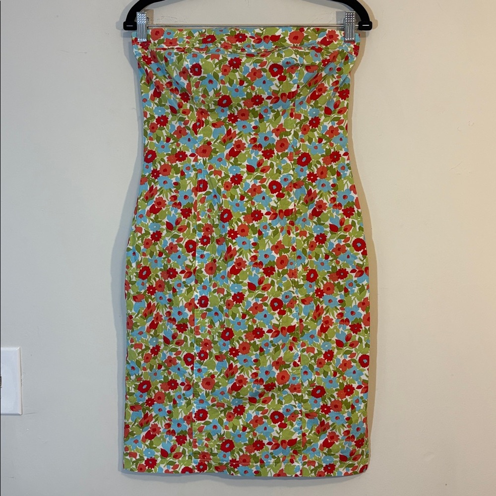 Strapless Floral Cotton Structured Fitted Tea Length Sun Dress Y2K / 90s Vintage